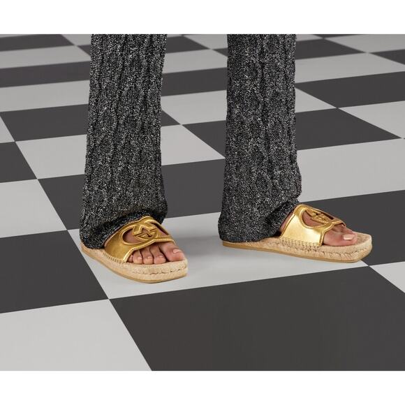 Gucci Interlocking G Cut Out Espadrille Gold Leather GG Slide Sandal 38.5 - Picture 2 of 10